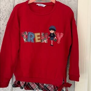 Mayoral Red Girls' Sweatshirt with Appliqué Doll & Plaid Hem